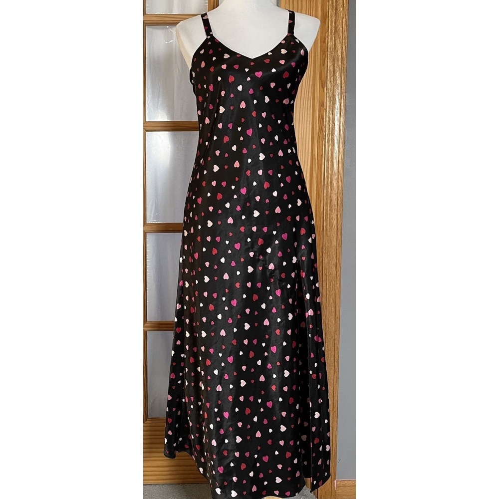 Vtg 90s Cacique Lingerie Slip Nightgown Sz S Black Pink Hearts Satin Romantic